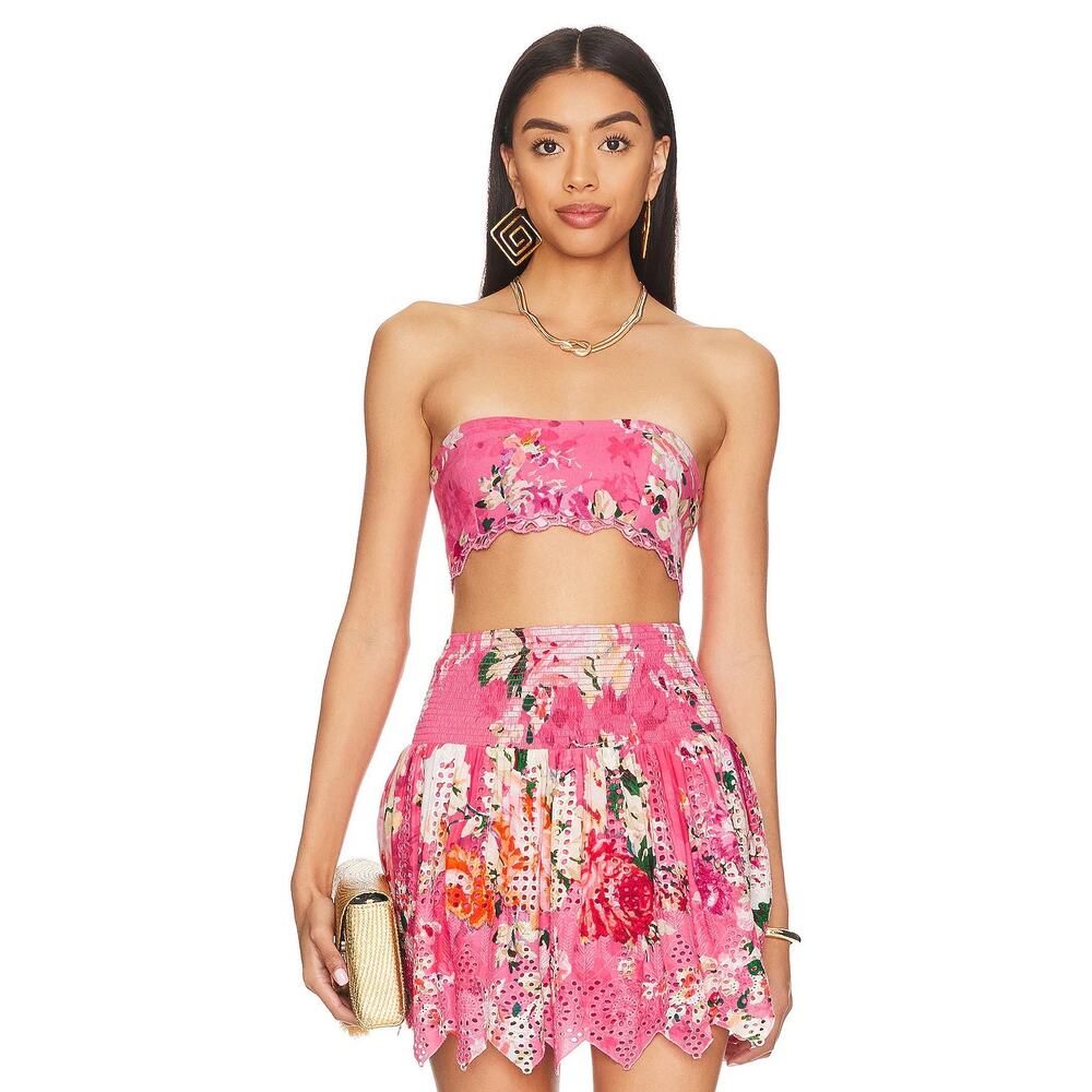 Hemant & Nandita Floral Bandeau Top Linen Blend Summer Boho Vacation Pink Sz XL